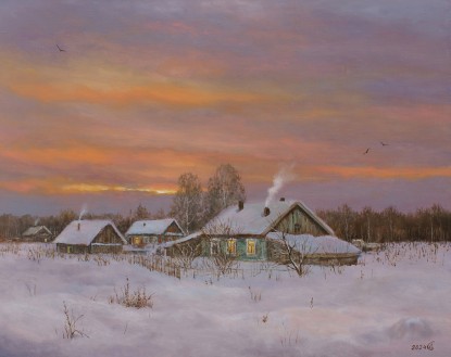 Winter village. Evening